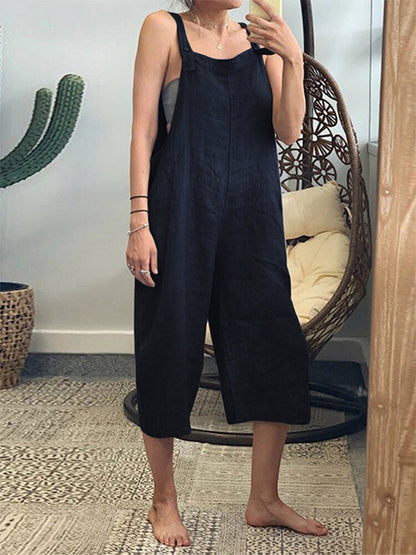 Women's Cotton Loose Casual Jumpsuit Capris Overalls