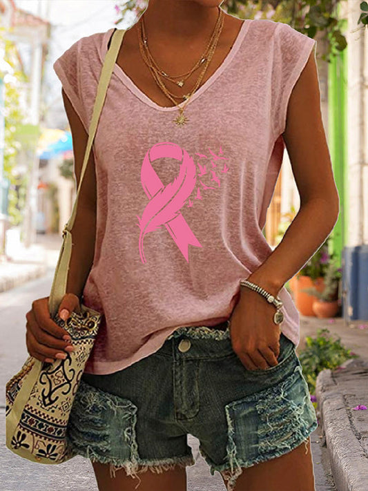 Feather Pink Ribbon Graphic V-Neck T-Shirt