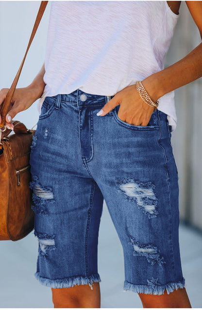 Ripped Raw Hem Denim Shorts Distressed Stretchy Jean Shorts