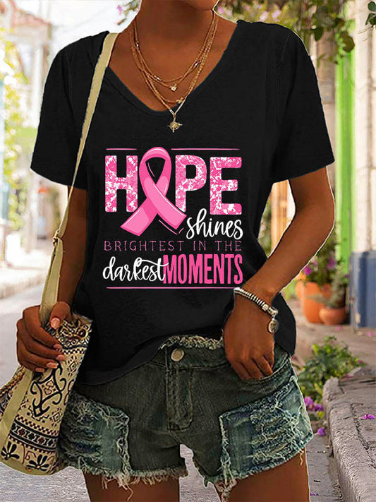 Hope Shines Pink Ribbon V-neck Short Sleeve T-shirt