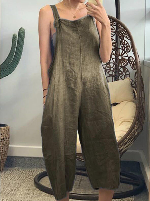 Women's Cotton Loose Casual Jumpsuit Capris Overalls