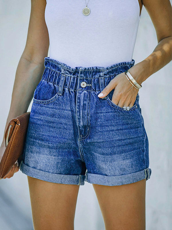 Rolled Cuffs Stretch Elastic Waist Denim Shorts