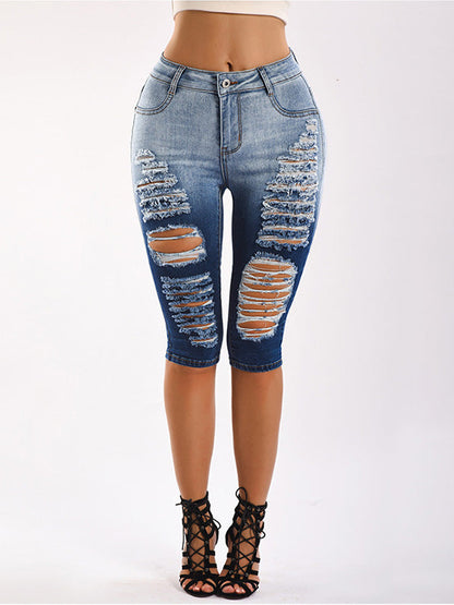 Gradient Ripped Denim Capri Pants