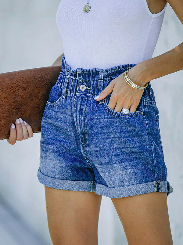 Rolled Cuffs Stretch Elastic Waist Denim Shorts