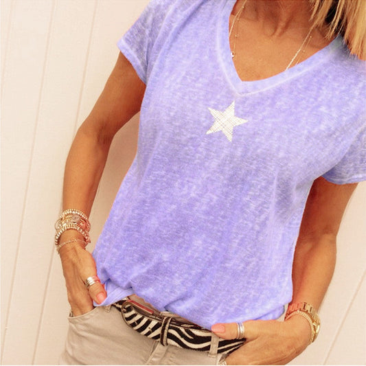 Star Print V-neck Soft T-shirt