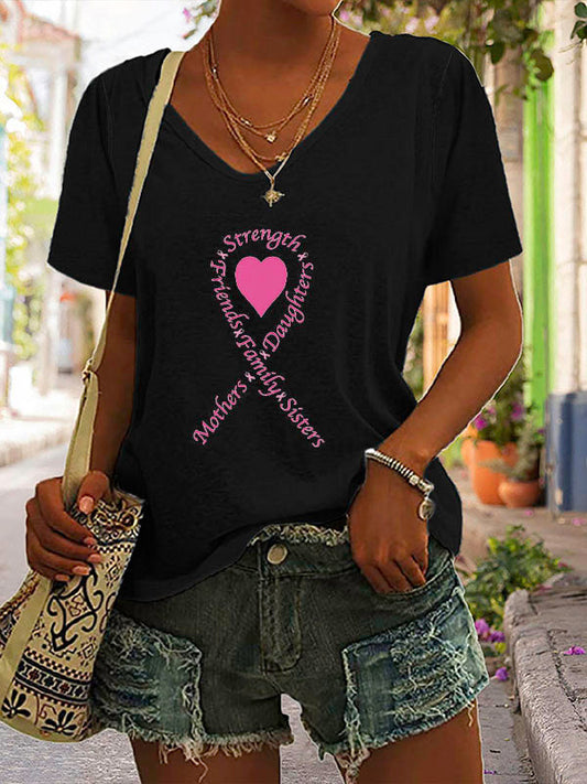 Pink Heart Ribbon V-neck Short Sleeve T-shirt