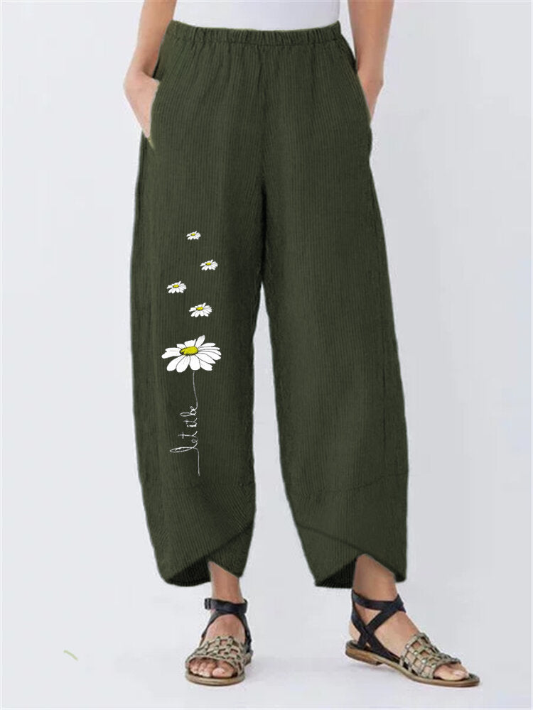 Daisy Print Elastic Waist Casual Pants