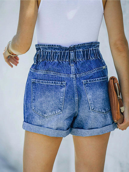 Rolled Cuffs Stretch Elastic Waist Denim Shorts