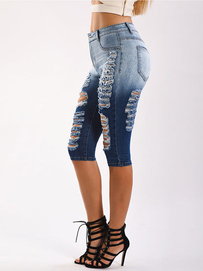 Gradient Ripped Denim Capri Pants