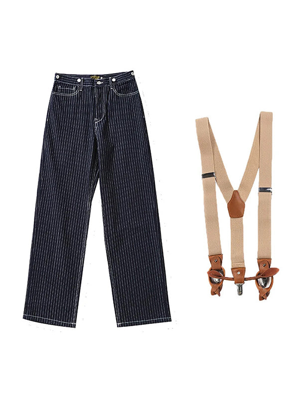 Vintage Striped Straight Denim Suspender Jeans Overalls