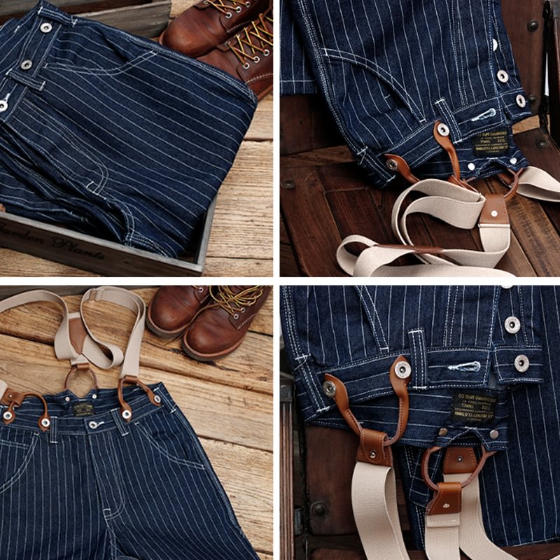 Vintage Striped Straight Denim Suspender Jeans Overalls