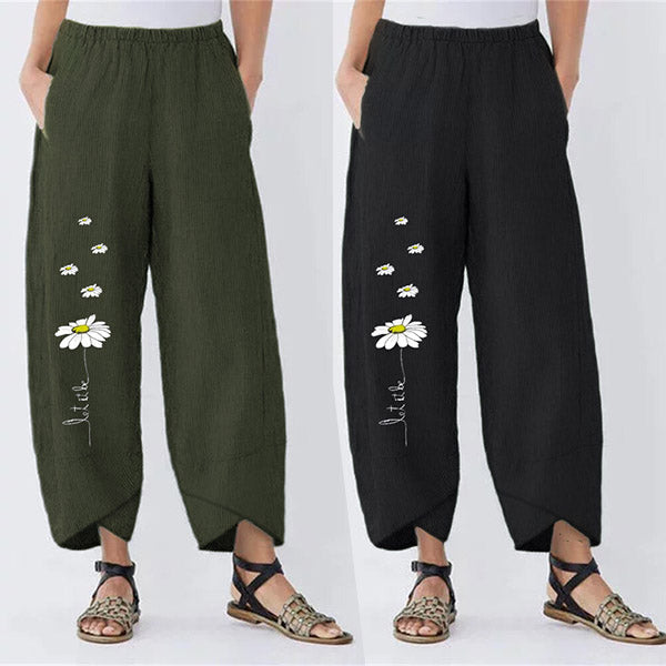 Daisy Print Elastic Waist Casual Pants