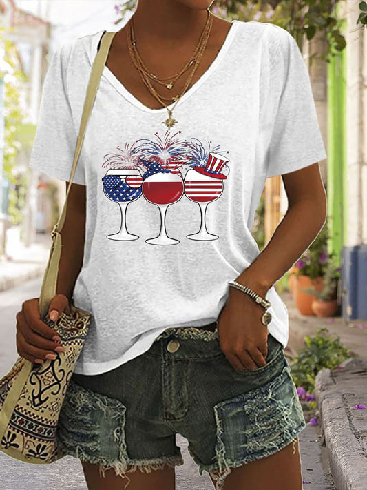 V-Neck Wine & American Flag Graphic T-Shirt