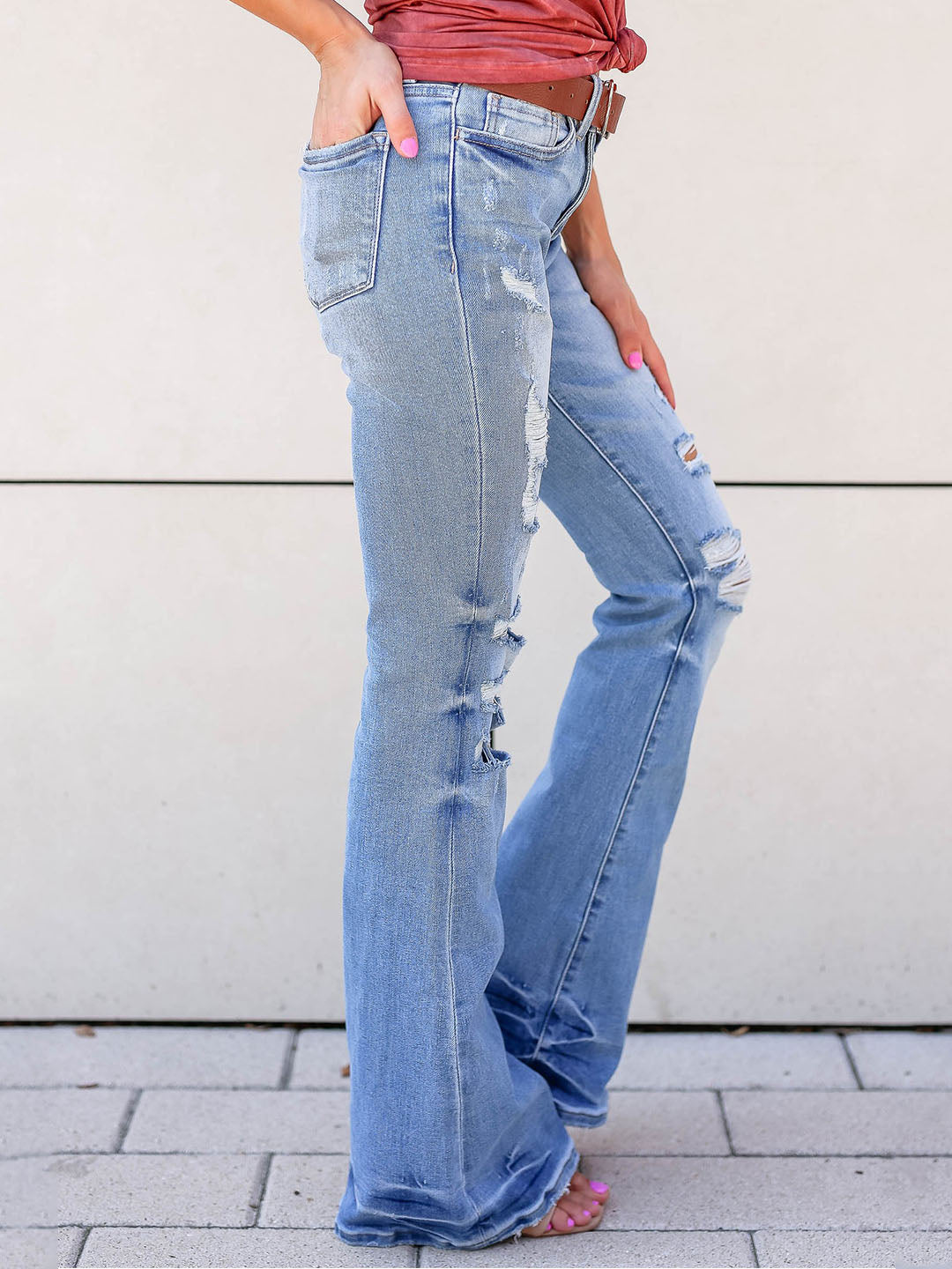 madepants.com Jenny Distressed Bell Bottom Jeans - Light Blue