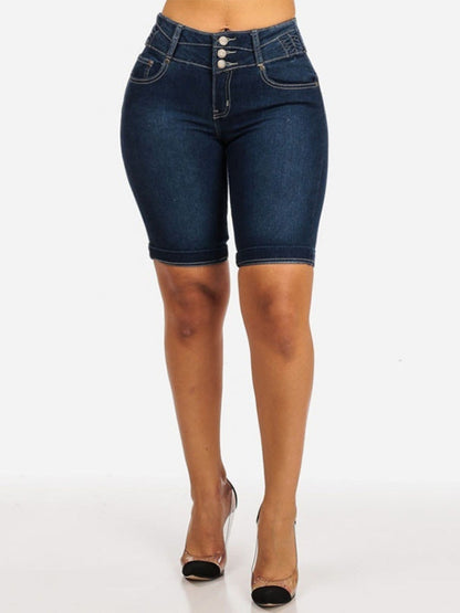 Mid Rise Buttons Stretch Denim Shorts