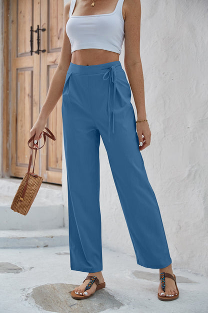 High Waist Solid Color Tether Wide Leg Pants