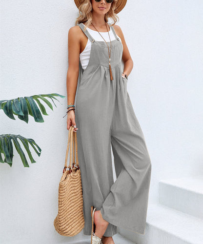 Button Strap Pocket Wide Leg Sleeveless Jumpsuit