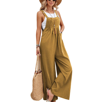 Button Strap Pocket Wide Leg Sleeveless Jumpsuit