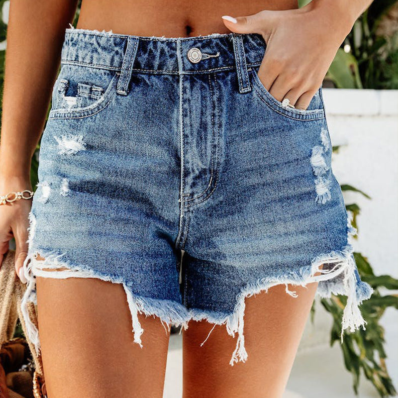 Comfortable Denim Shorts With Frayed Tassels And Holes