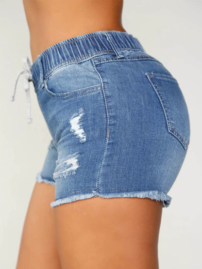 Fray Hem Distressed Drawstring Elastic Waist Denim Shorts